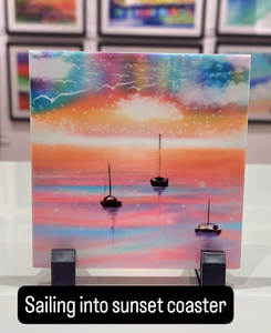 "Sailing into sunset" ceramic coaster